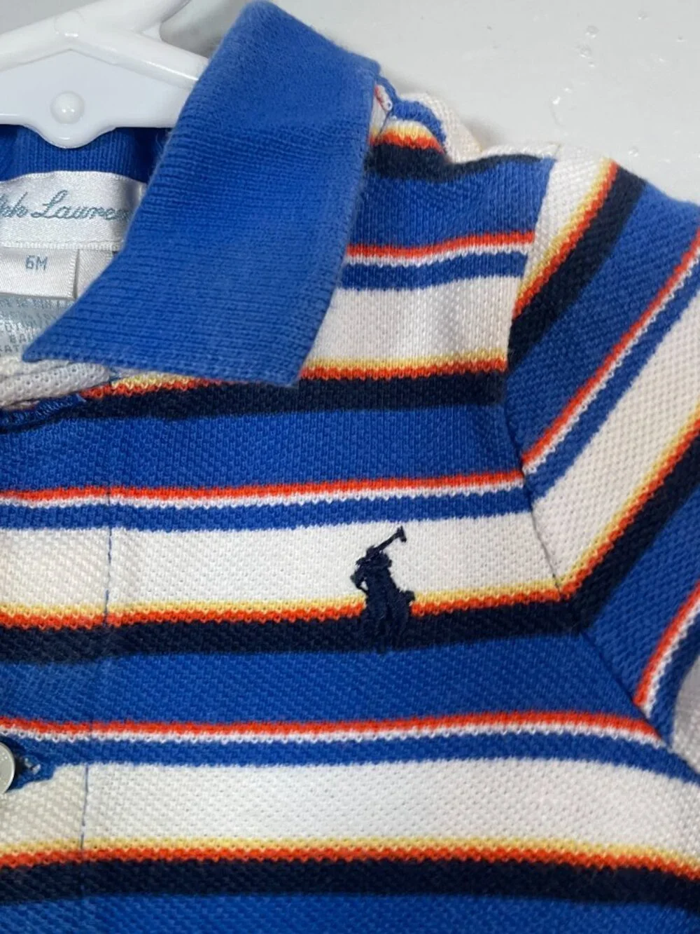 Ralph Lauren Baby 6M Blue White Red Stripe Polo Bodysuit Cotton Knit Long Sleeve